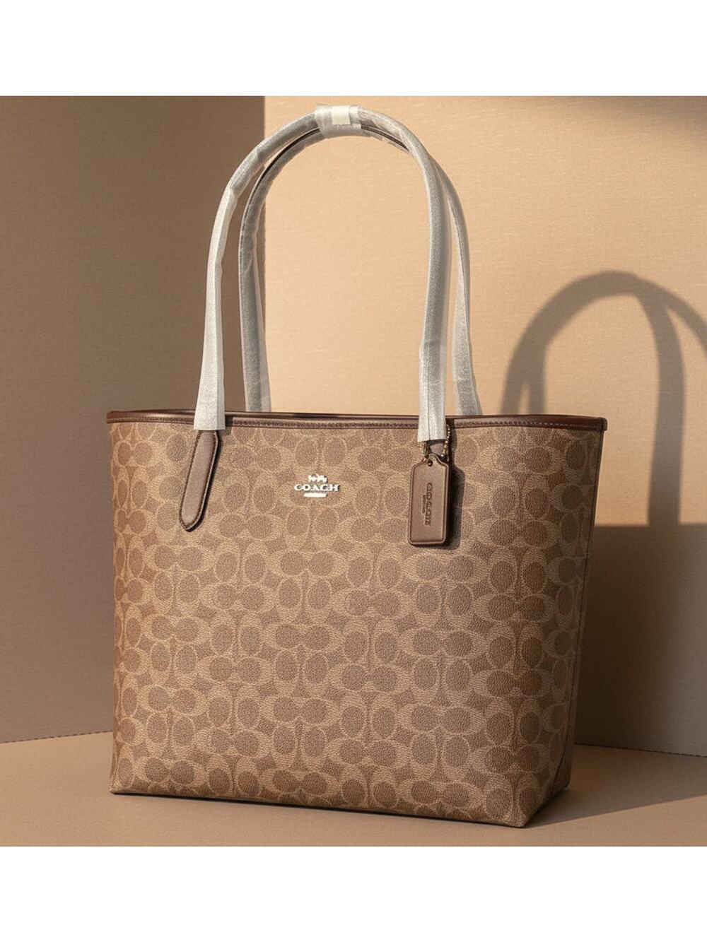Coach City Tote CV976 Brown Signature Canvas Tan Leather Shoulder Bag